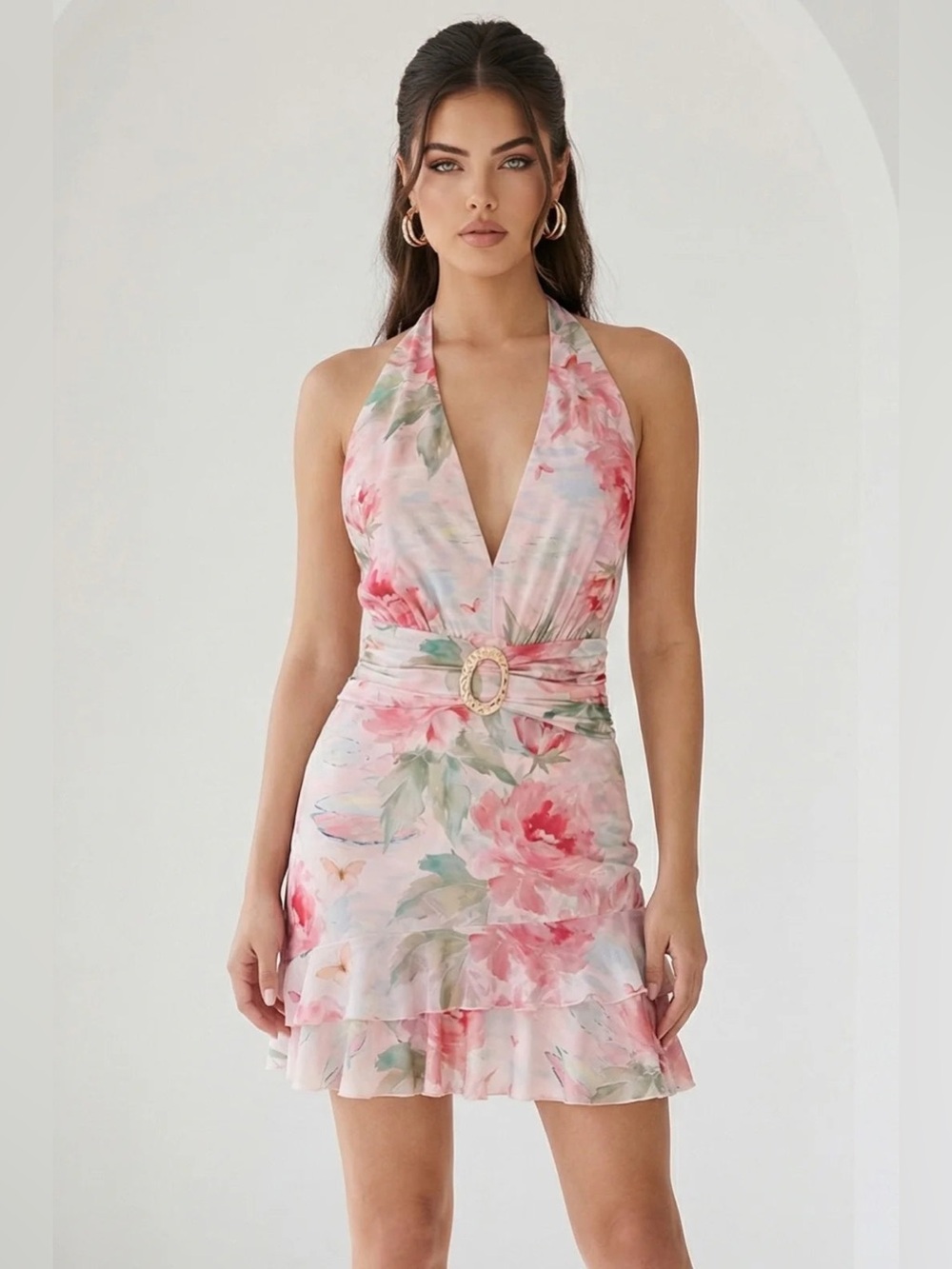 Watercolor Floral Ruffle Halter Mini Dress - A. Peach